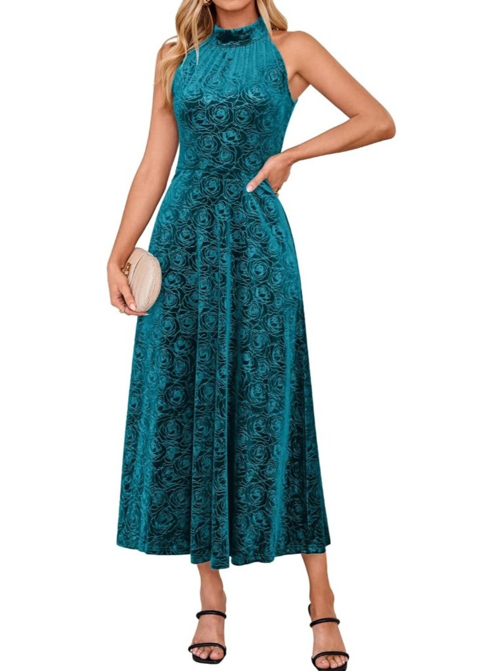 Women's Lake Green Velvet Halter Floral Aline Sleeveless Wedding Maxi Dresses